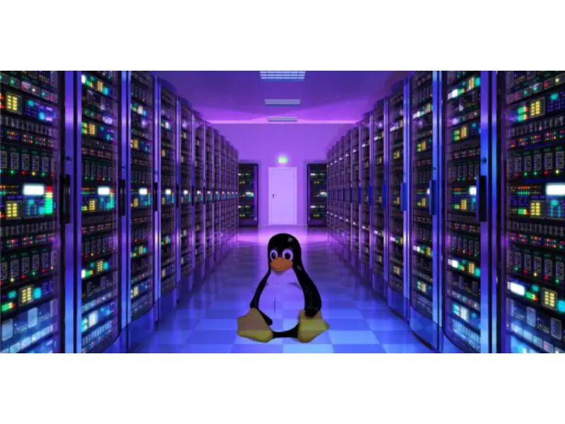 Linux logo sitting inside a datacenter