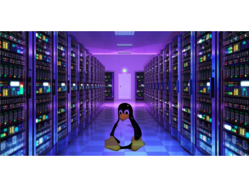 Linux logo sitting inside a datacenter